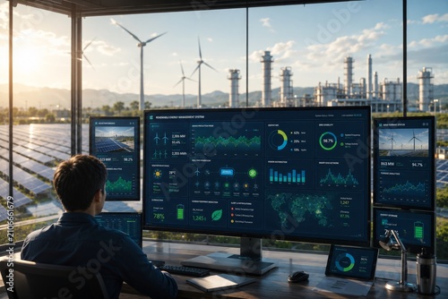 Engineer Monitoring Smart Renewable Energy Management System with Solar Farm, Wind Turbines and Industrial Power Plant