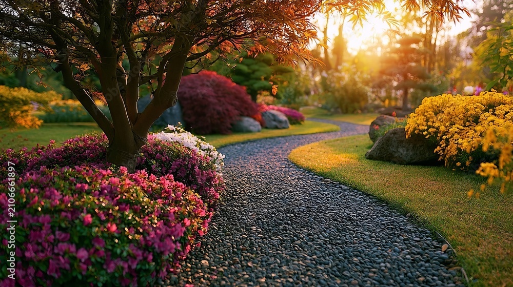 Obraz premium Beautiful landscape garden with a scenic gravel footpath and vibrant spring flowers at sunrise time