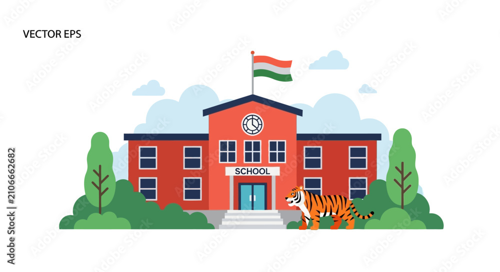 Fototapeta premium School building with tiger and Indian flag