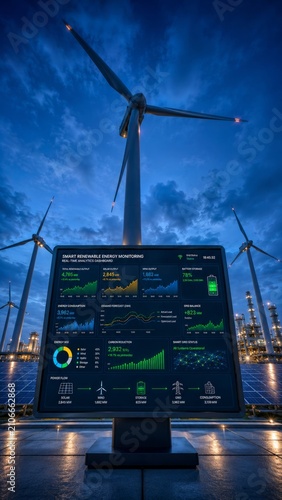 Vertical Smart Renewable Energy Monitoring Dashboard with Wind Turbines, Solar Farm and Industrial Power Plant at Blue Hour