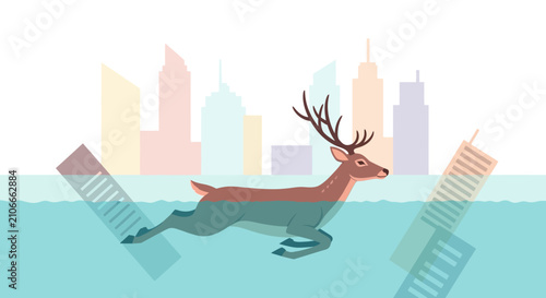 Deer swimming in flooded city skyline