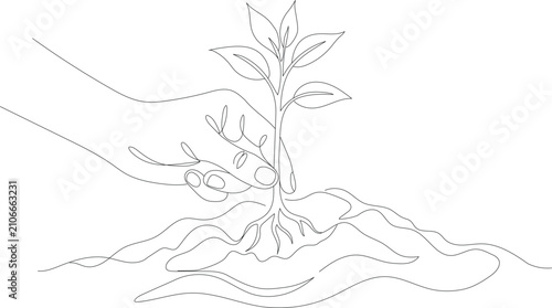 Bild auf Leinwand Continuous one line drawing of a hand planting a young tree seedling in soil, sy