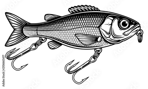 Tableau sur toile Fishing lure wobbler illustration with treble hooks vintage fishing tackle and b