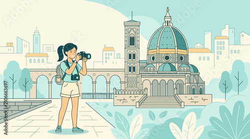 Traveler taking photo of famous landmark, iconic dome, bell tower, city}