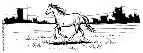 Bild auf Leinwand Running horse in field illustration galloping stallion in open pasture landscape
