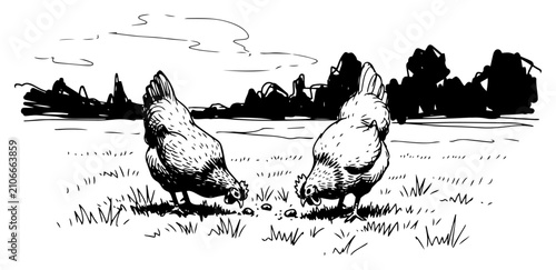 Quadro su tela Chickens pecking for food on farm field illustration organic poultry in rural me