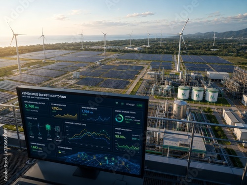 Aerial Renewable Energy Monitoring Dashboard with Hydrogen Plant, Solar Farm, Wind Turbines and Smart Grid Infrastructure