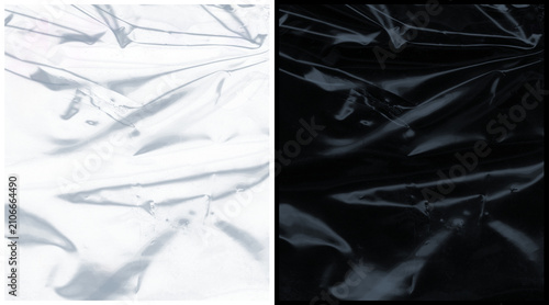 Crumpled plastic wrap texture set, black and white wrinkled cellophane background, glossy transparent film overlay for graphic design