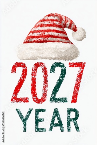 Festive Graphic Illustration of Santa Hat Placed Over Vibrant 2027 Year Numbers on White Background