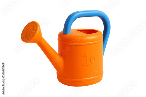 High angle view of a vibrant orange watering container with blue handle isolated on a black backdrop for botany and agriculture.