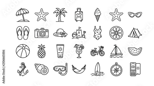 Fotografie Create a premium Adobe Stock vector set featuring exactly 25 completely unique elements related to Summer Vacation