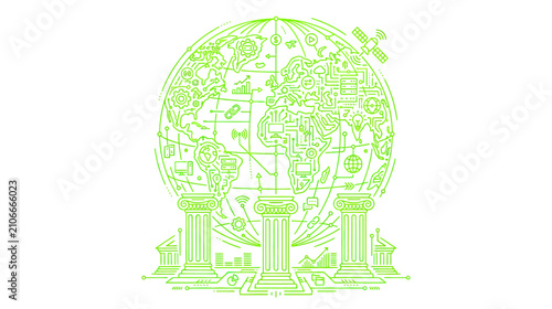 Tableau sur toile Global Network Connections on Stylized Earth with Pillars