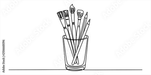 Set of various paint brushes and pencils inside a glass jar hand drawn line art illustration for creative artist tools and school supplies concept