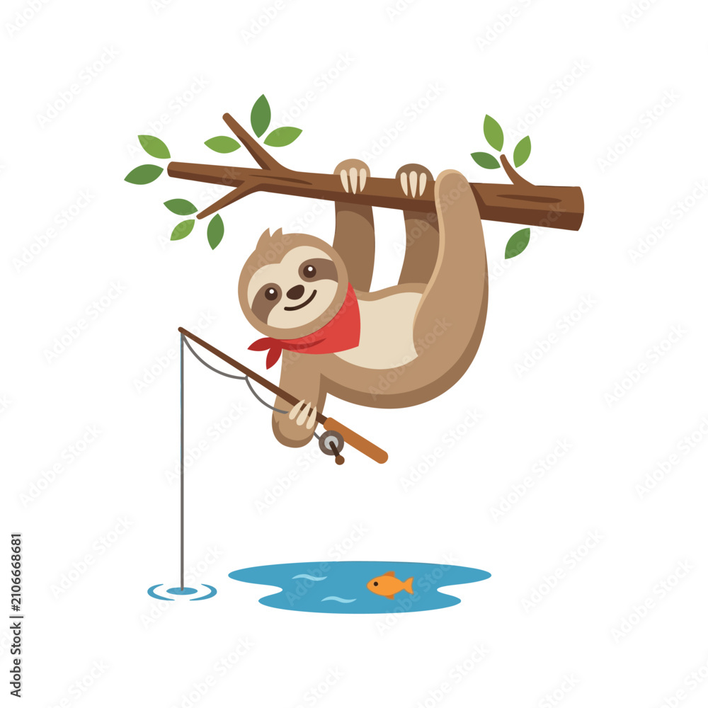 Obraz premium Cute Sloth Hanging on Tree Branch Fishing with Red Bandana