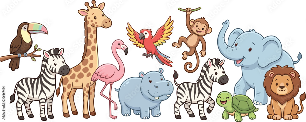 Obraz premium Cute safari jungle animal collection featuring elephant lion giraffe zebra flamingo monkey toucan parrot turtle and hippopotamus vector set