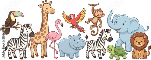 Bild auf Leinwand Cute safari jungle animal collection featuring elephant lion giraffe zebra flami