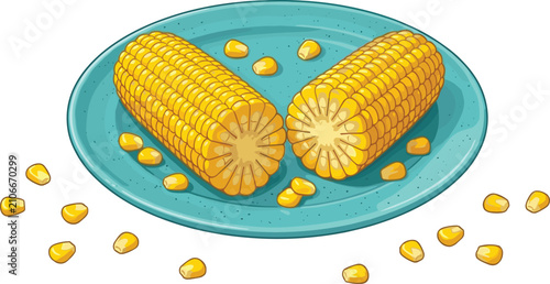 Bild auf Leinwand Fresh sweet corn cobs on blue plate with scattered kernels isolated healthy vege