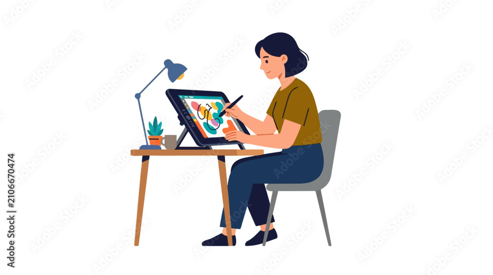 Fototapeta premium Young woman artist drawing on a digital tablet with stylus at a desk with lamp and plant