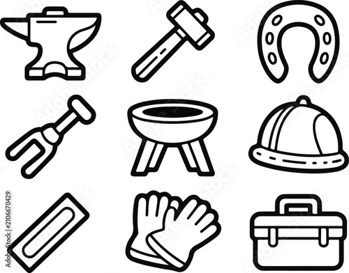 Canvastavla Blacksmith tools and farrier equipment set on transparent background