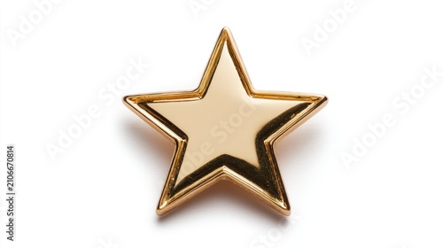 Gleaming, smooth golden star object casting a soft shadow on a white background, center-framed
