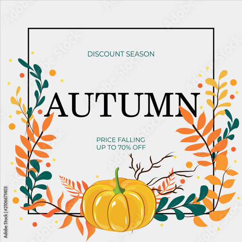 Autumn Sale Discount Template with Fall Leaves, Pumpkins and Floral Frame