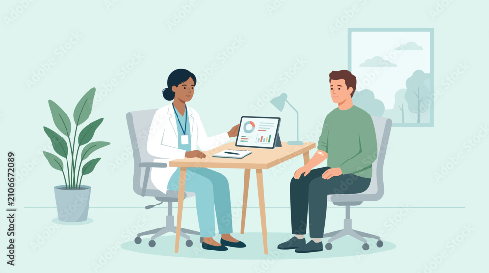 Fototapeta premium Doctor consulting patient with data on tablet in medical office