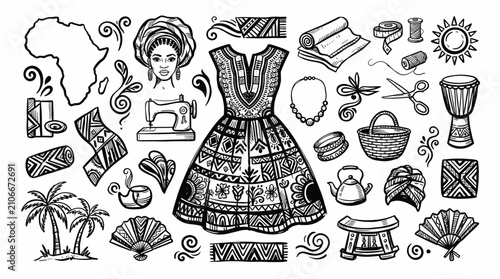African Woman in Traditional Dress with Cultural Doodles in Line Art Style