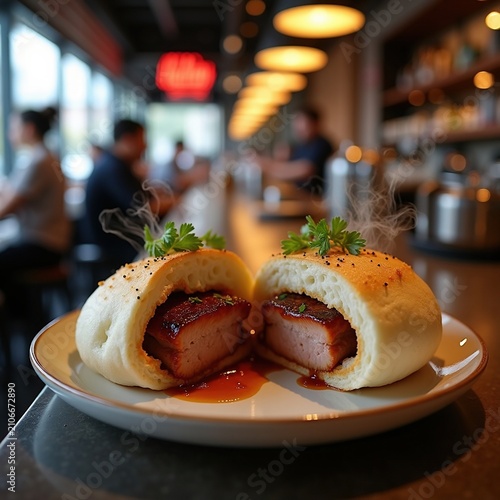 Braised Pork Belly Steam Bun Modern Asian Street Food in Urban Bar Setting