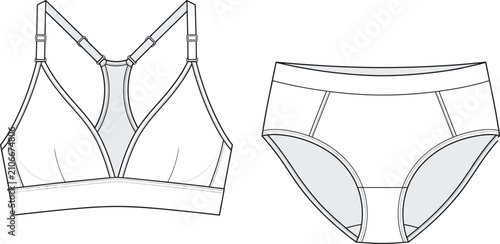 Fashion design technical sketch of a comfortable women's sports bra and matching underwear set for activewear apparel