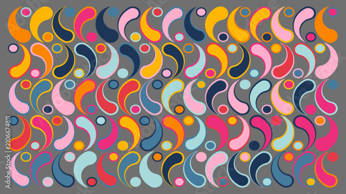 Colorful paisley pattern with abstract teardrop shapes and circles on gray seamless style background.