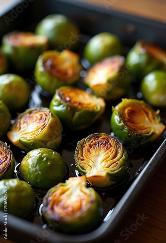 Crisp Roasted Brussels Sprouts Coated in Balsamic Glaze on Dark Baking Tray with Charred Edges and Glimmering Color Contrast