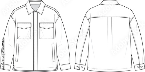 Fashion design technical sketch of a men's long sleeve utility overshirt jacket with chest and side pockets