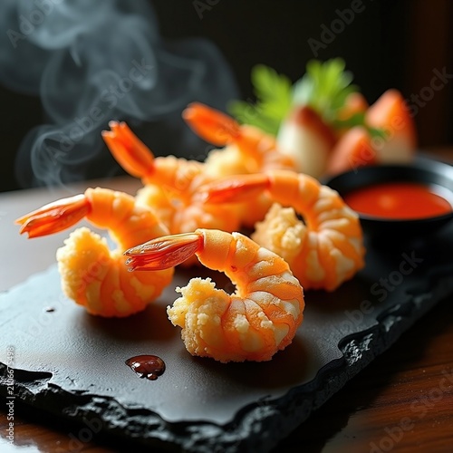 Crispy Shrimp Tempura Artfully Arranged on Dark Slate with Zesty Dipping Sauce