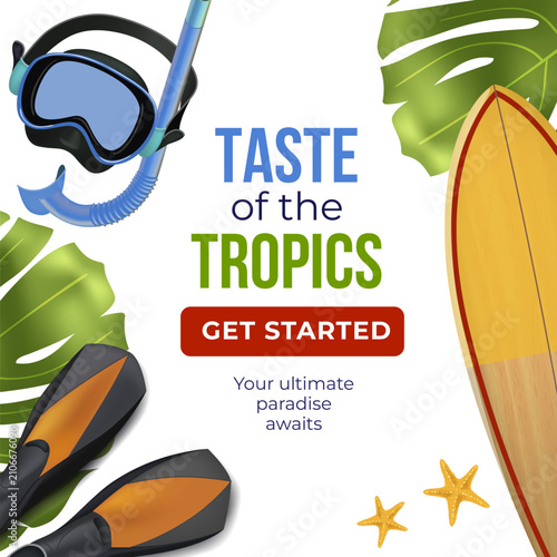 Tropical vibe with snorkel, fins, and surfboard. Lush green leaves frame the scene. Bright colors signal adventure and fun. Starfish add playful coastal charm. Perfect for vacation or water sports ads
