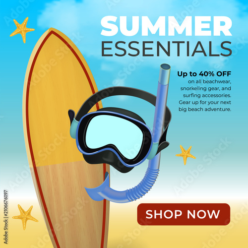 Bright blue sky frames a surfboard and snorkeling gear. Starfish dots the sandy beach below. Vibrant colors evoke summer fun and adventure. Ideal for beach, travel, or water sports promotions