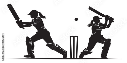 Fotografie Female Cricket players in action with bat and wicket, bowler throwing ball, sportswoman playing professional game, black silhouette vector illustration set