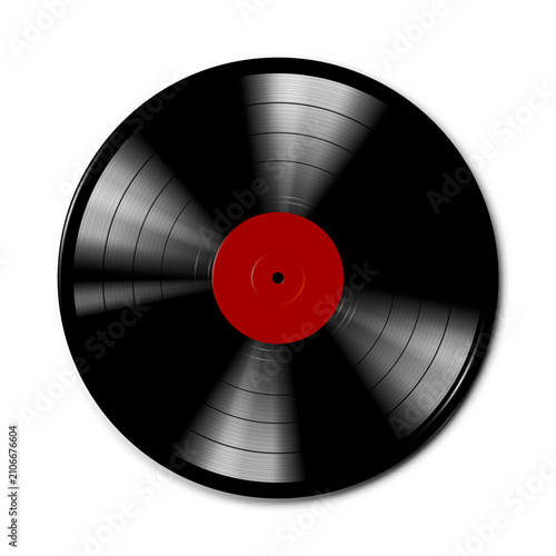 Black vinyl record with red center. Metallic grooves reflect light subtly. Clean, isolated background highlights design. Ideal for music, retro, or vintage themes