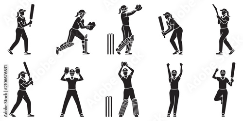 Foto Collection of female cricket player silhouettes in diverse roles like batting wicketkeeping and bowling for gender inclusive sports media