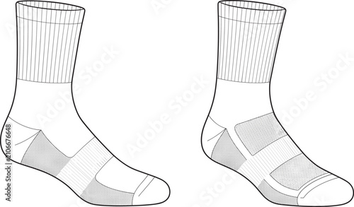 Fashion design technical sketch of athletic performance crew socks with compression zones and textured grip detailing