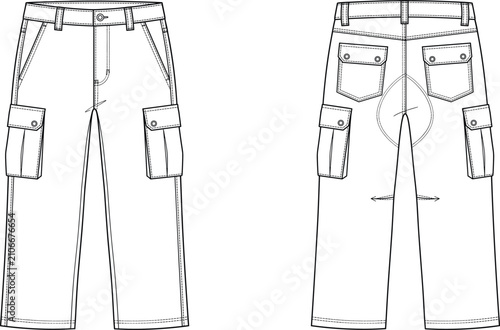 Fashion design technical sketch of casual cargo pants with multiple utility pockets for men's outdoor apparel collection