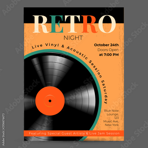 Retro night poster features vinyl record and bold typography. Warm tones evoke nostalgia and live music energy. Event details appear in clean, modern layout
