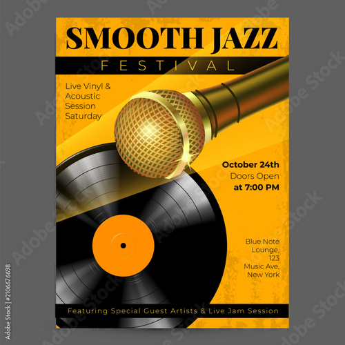 Golden microphone gleams beside vinyl record. Warm tones evoke jazz club energy. Event invites music lovers to celebrate live sound. 
