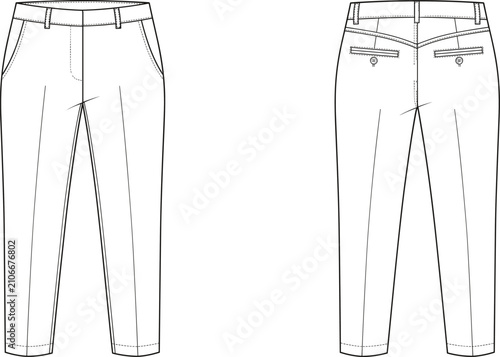 Fashion design technical sketch of classic men's tailored chinos or trousers with pockets for business casual apparel