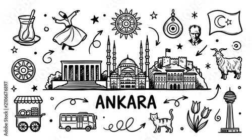 Ankara Turkey Travel Landmarks in Black and White Doodle Line Art Style