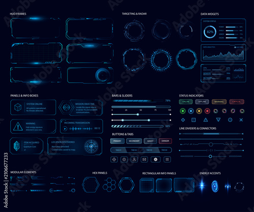 Futuristic HUD interface elements with glowing panels, charts, buttons, indicators and controls on dark background. Vector UI kit for games, dashboards and digital applications.
