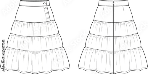 Tableau sur toile Women's tiered midi skirt with button yoke technical flat sketch showing front a