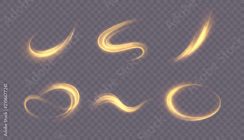 Glowing golden curved light trails isolated on transparent background. Vector energy swooshes for magical motion effects, elegant accents, overlays and fantasy illustrations.