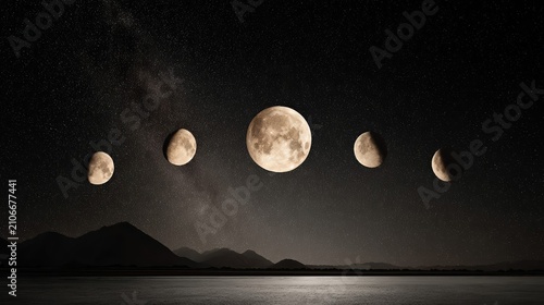 A stunning ultra-realistic astrophotography scene reveals moon phases above a star-filled night sky. Luminous full moon and crescents glow over distant mountain silhouettes.