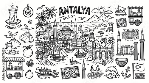 Antalya Turkey Travel Cityscape in Hand Drawn Doodle Line Art Style