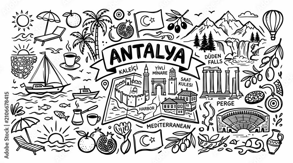 Fototapeta premium Antalya Turkey Travel Cityscape in Hand Drawn Doodle Line Art Style